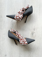 MIDNIGHT 00 Rose Print PVC Plastic Bow Pinstripe Cloth Rockabilly Crescent Brooch High Heels - House Of Huntington