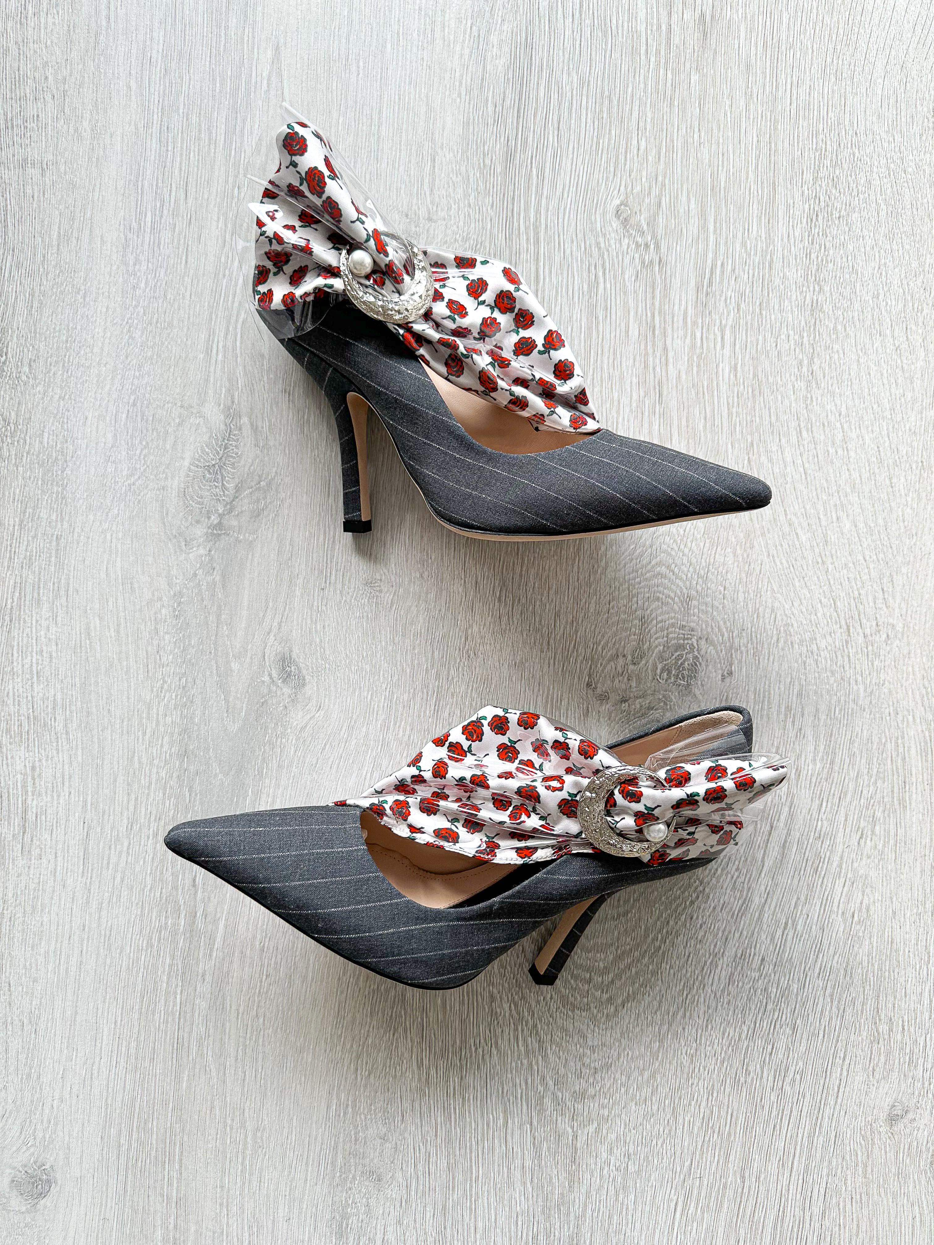 MIDNIGHT 00 Rose Print PVC Plastic Bow Pinstripe Cloth Rockabilly Crescent Brooch High Heels - House Of Huntington