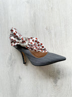 MIDNIGHT 00 Rose Print PVC Plastic Bow Pinstripe Cloth Rockabilly Crescent Brooch High Heels - House Of Huntington