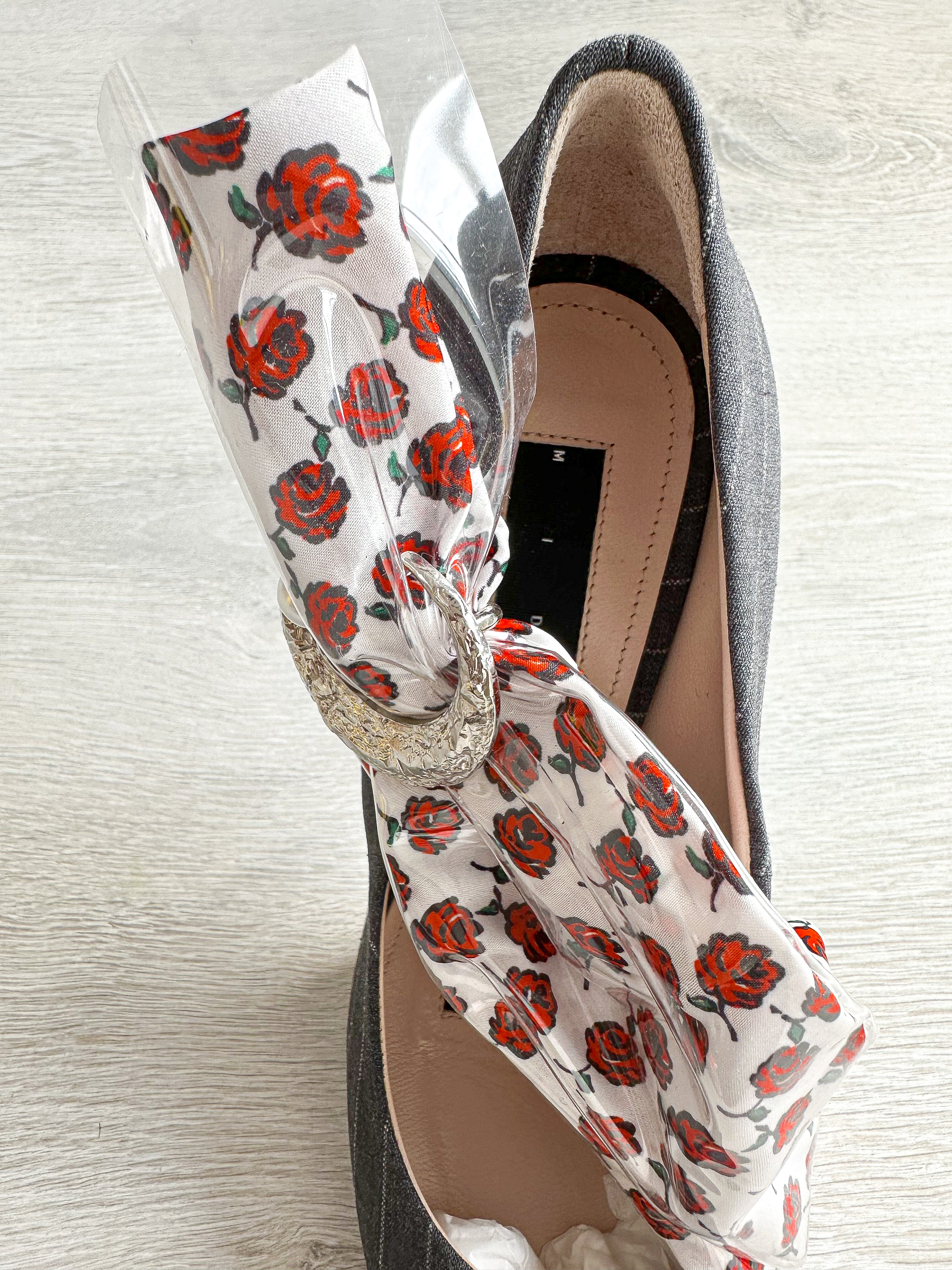 MIDNIGHT 00 Rose Print PVC Plastic Bow Pinstripe Cloth Rockabilly Crescent Brooch High Heels - House Of Huntington