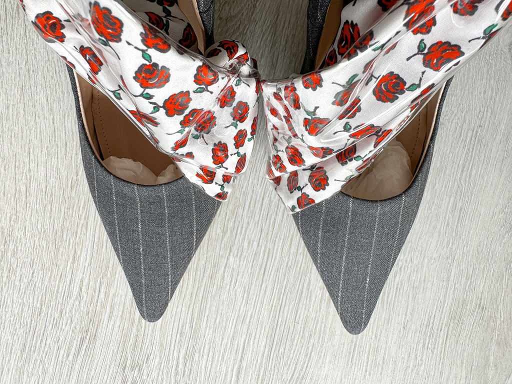 MIDNIGHT 00 Rose Print PVC Plastic Bow Pinstripe Cloth Rockabilly Crescent Brooch High Heels - House Of Huntington