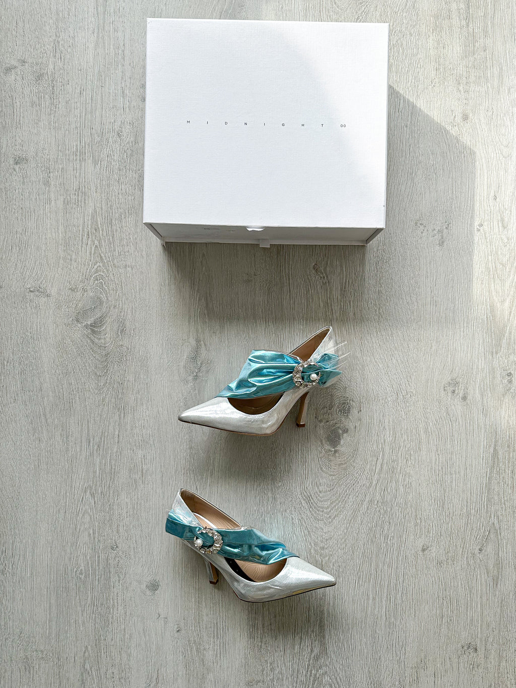 MIDNIGHT 00 Silver Blue Crescent Moon Ruched Wrap Princess High Heels - House Of Huntington