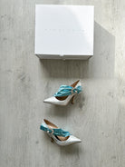 MIDNIGHT 00 Silver Blue Crescent Moon Ruched Wrap Princess High Heels - House Of Huntington