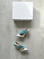 MIDNIGHT 00 Silver Blue Crescent Moon Ruched Wrap Princess High Heels - House Of Huntington