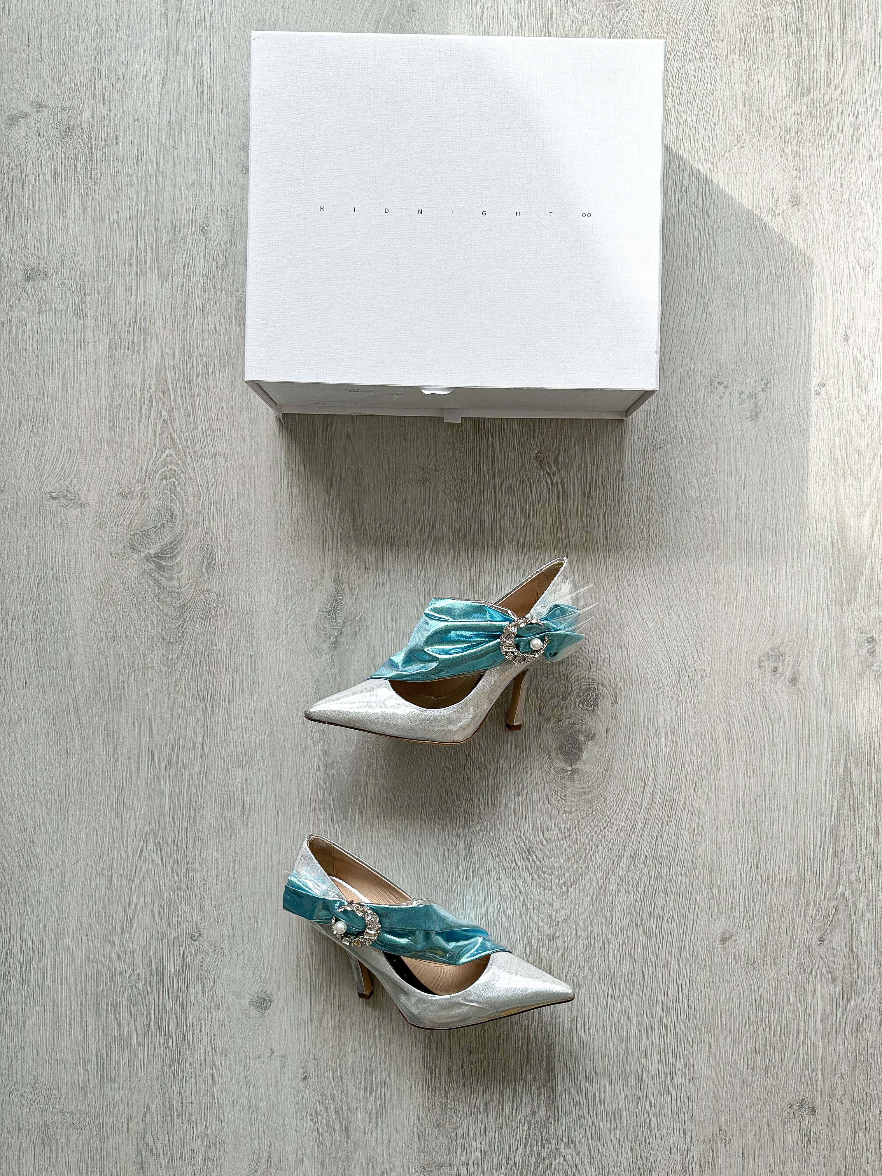 MIDNIGHT 00 Silver Blue Crescent Moon Ruched Wrap Princess High Heels - House Of Huntington