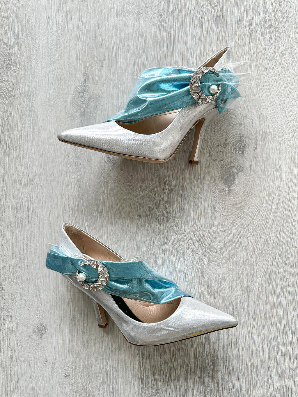 MIDNIGHT 00 Silver Blue Crescent Moon Ruched Wrap Princess High Heels - House Of Huntington