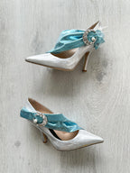 MIDNIGHT 00 Silver Blue Crescent Moon Ruched Wrap Princess High Heels - House Of Huntington