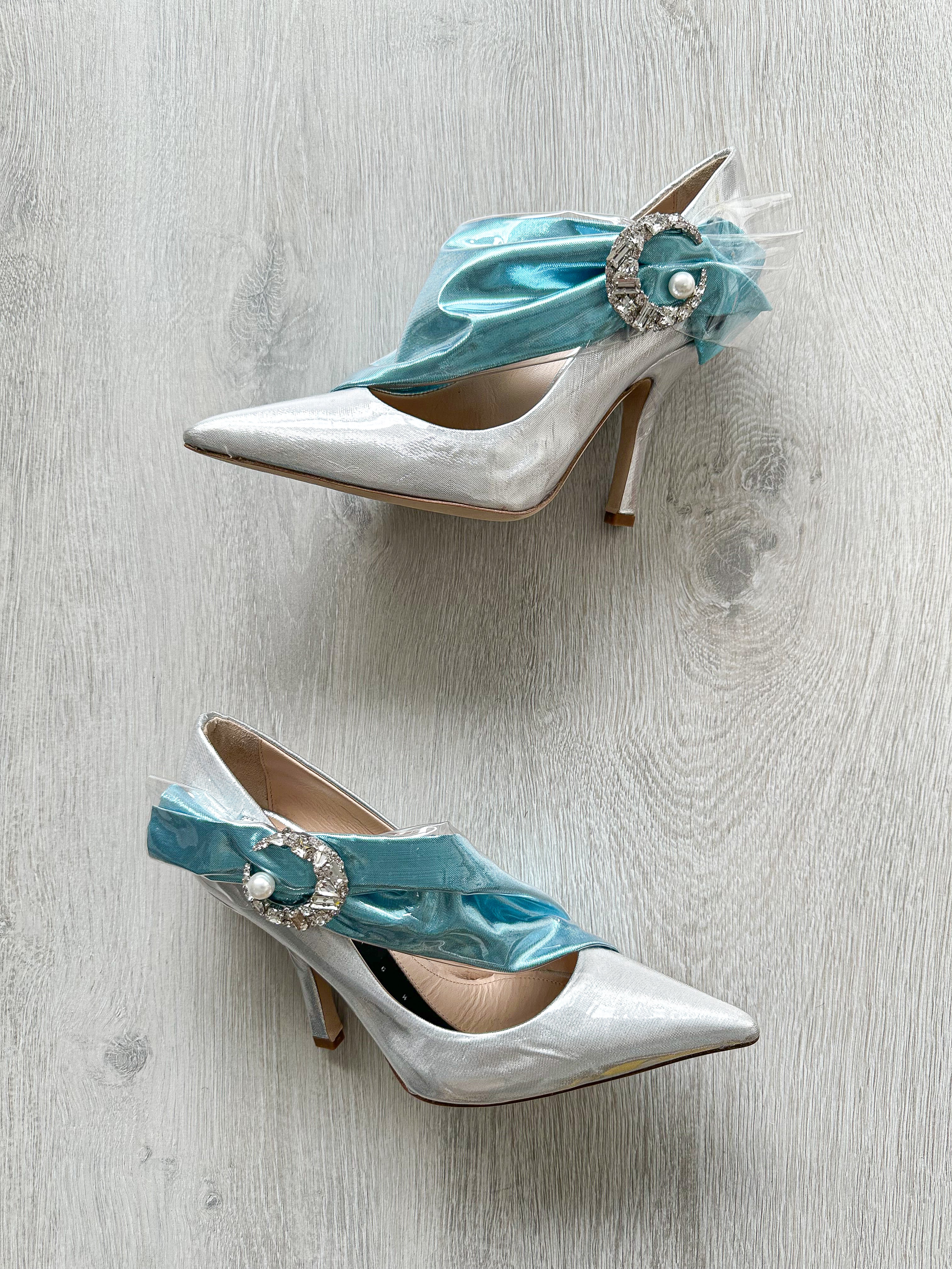 MIDNIGHT 00 Silver Blue Crescent Moon Ruched Wrap Princess High Heels - House Of Huntington