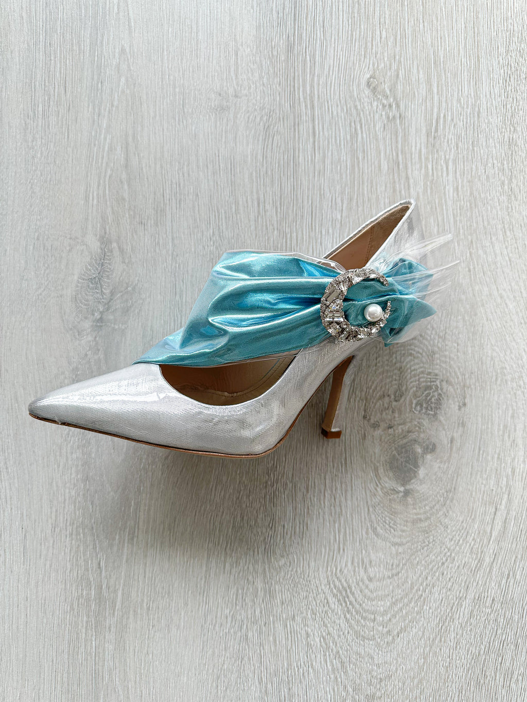 MIDNIGHT 00 Silver Blue Crescent Moon Ruched Wrap Princess High Heels - House Of Huntington