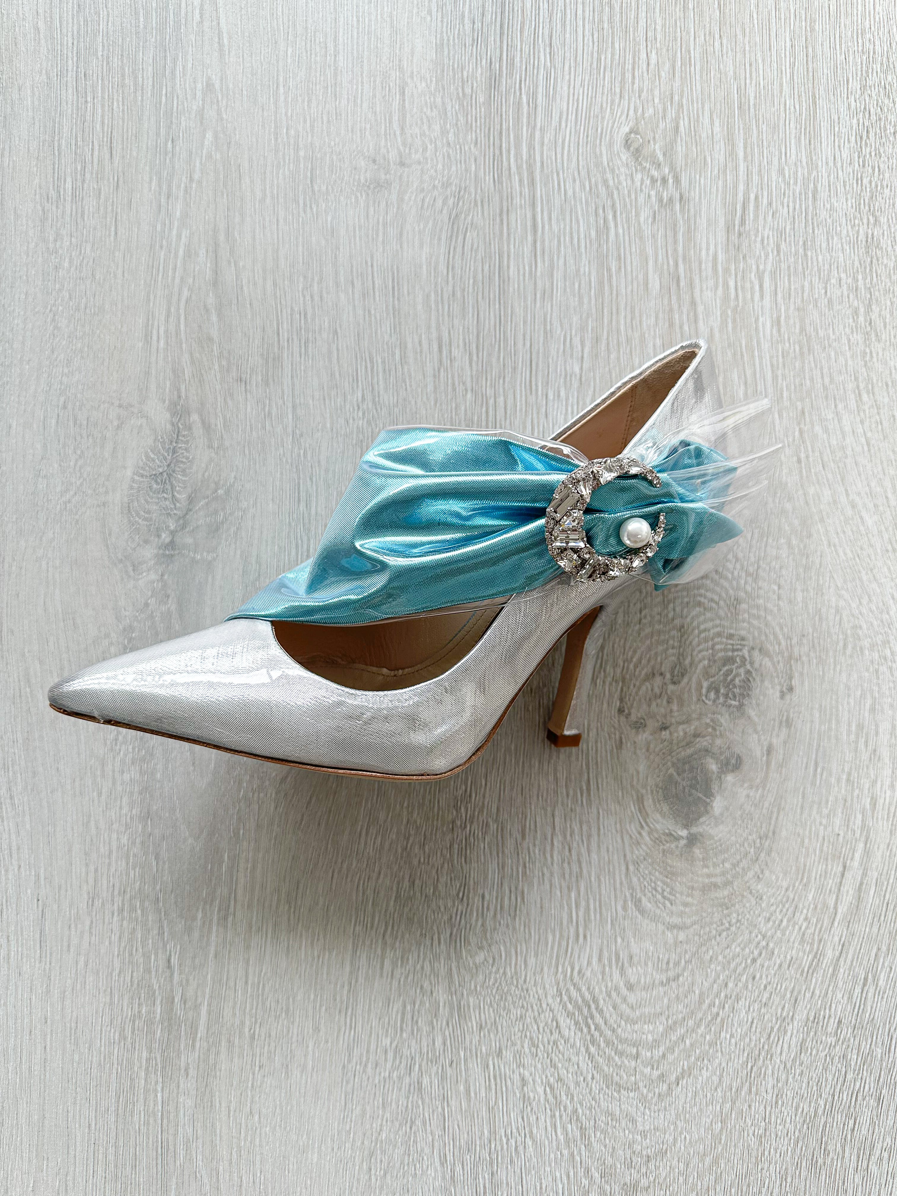 MIDNIGHT 00 Silver Blue Crescent Moon Ruched Wrap Princess High Heels - House Of Huntington
