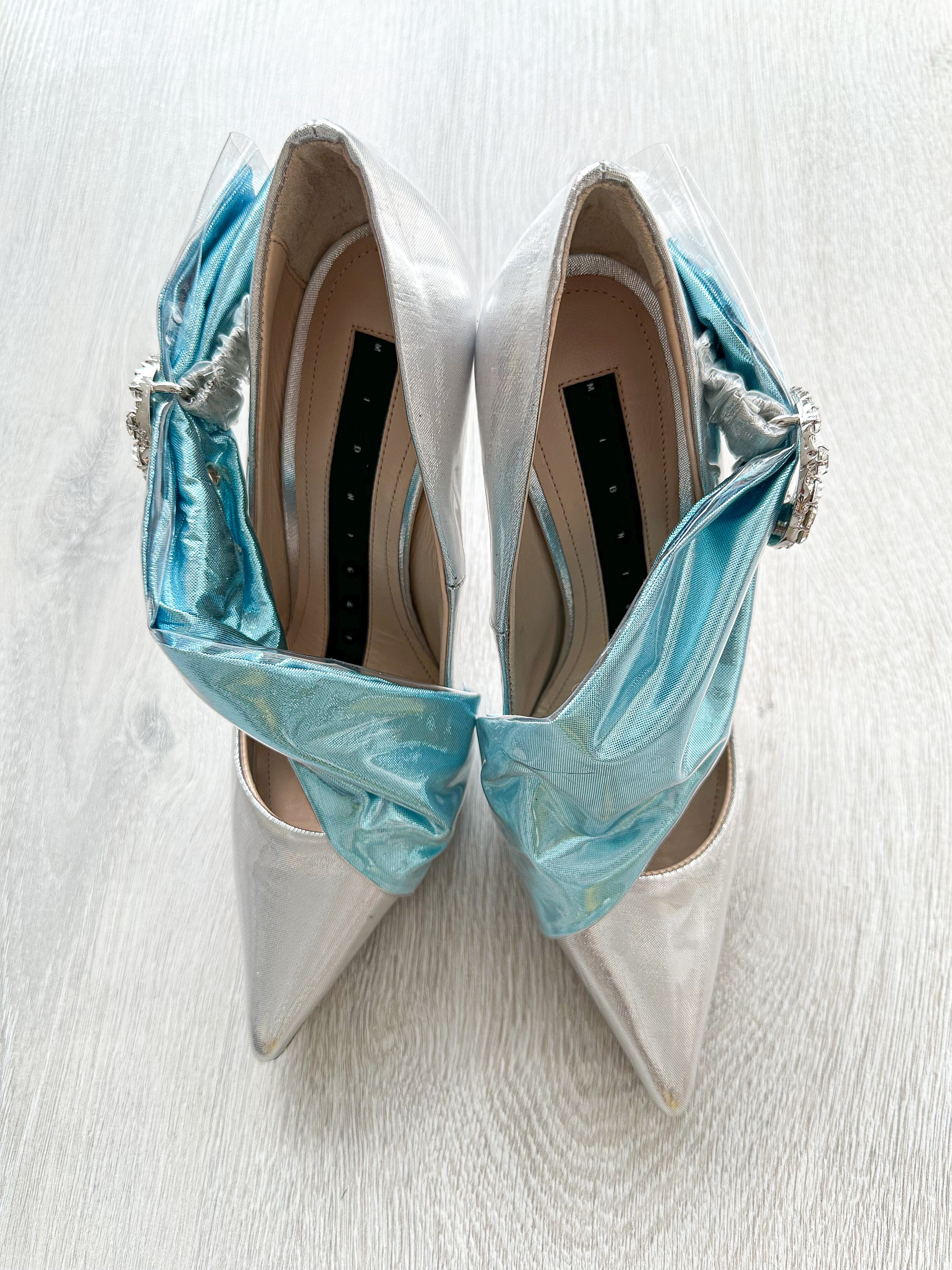 MIDNIGHT 00 Silver Blue Crescent Moon Ruched Wrap Princess High Heels - House Of Huntington