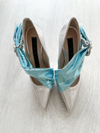 MIDNIGHT 00 Silver Blue Crescent Moon Ruched Wrap Princess High Heels - House Of Huntington