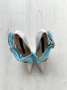 MIDNIGHT 00 Silver Blue Crescent Moon Ruched Wrap Princess High Heels - House Of Huntington