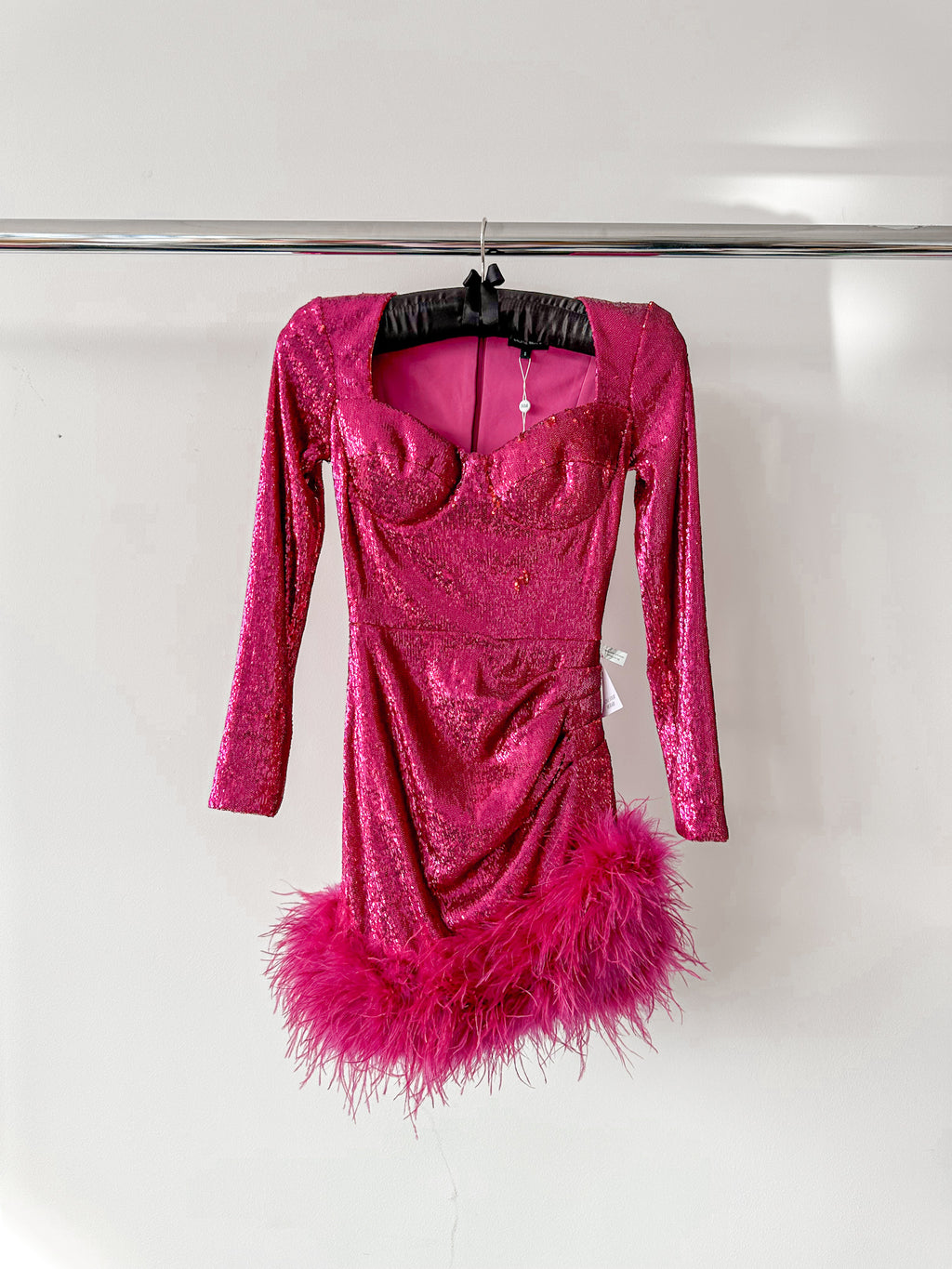 Nadine Merabi Dark Hot Pink Sequinned Feather Hem Sweetheart Neck Mini Dress
