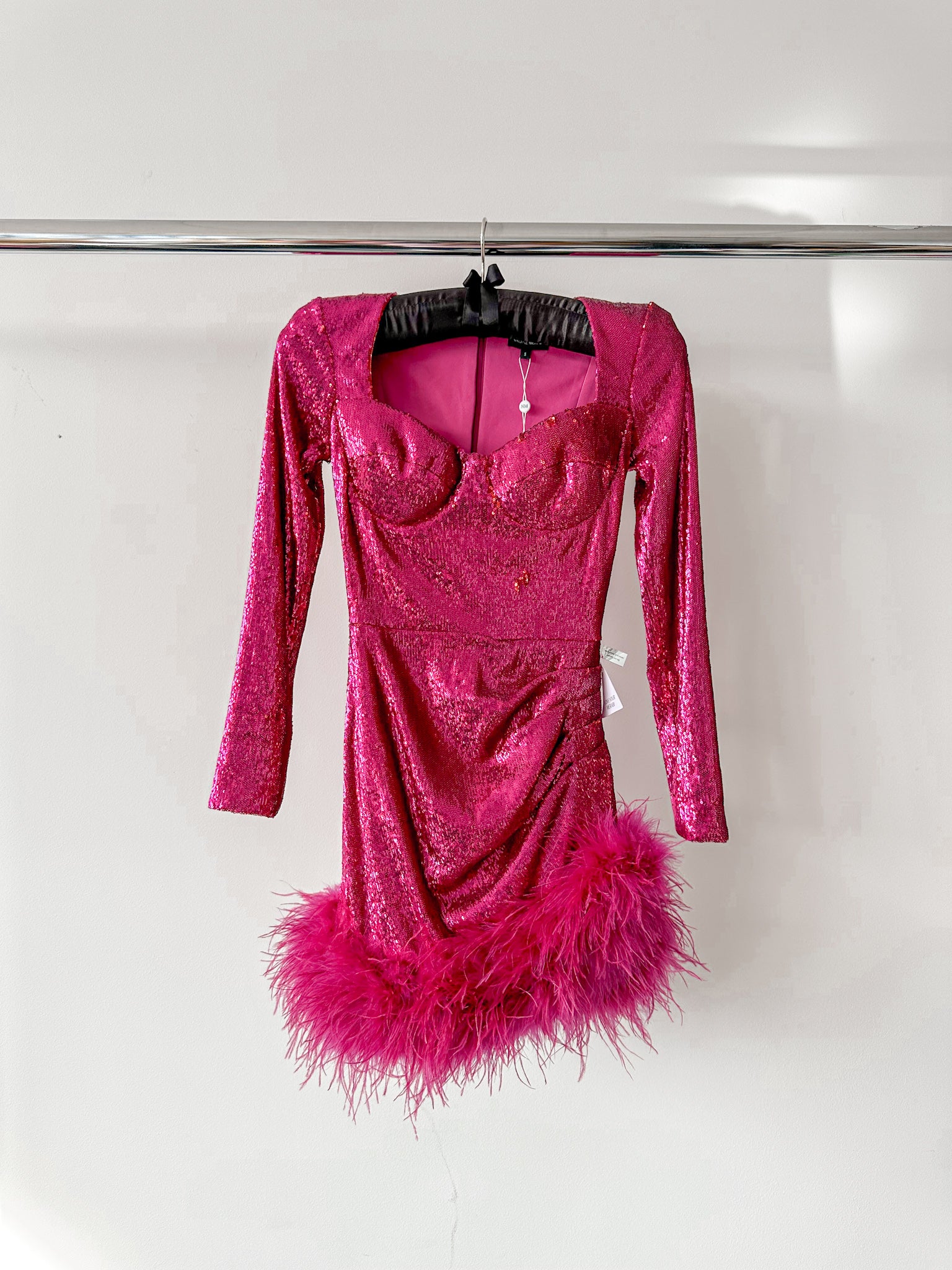 Nadine Merabi Dark Hot Pink Sequinned Feather Hem Sweetheart Neck Mini Dress