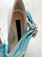 MIDNIGHT 00 Silver Blue Crescent Moon Ruched Wrap Princess High Heels - House Of Huntington