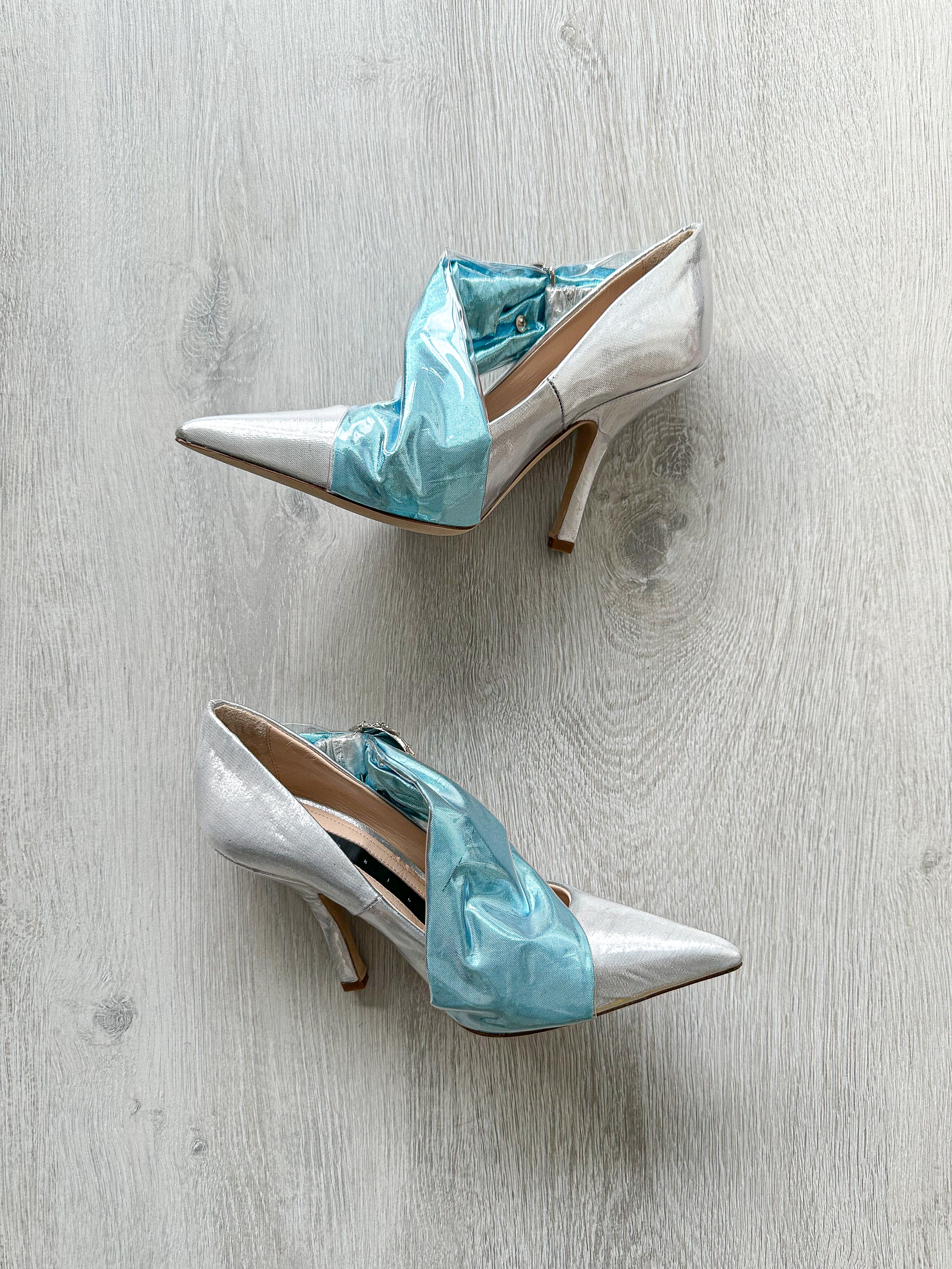 MIDNIGHT 00 Silver Blue Crescent Moon Ruched Wrap Princess High Heels - House Of Huntington