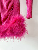 Nadine Merabi Dark Hot Pink Sequinned Feather Hem Sweetheart Neck Mini Dress