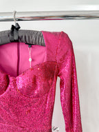Nadine Merabi Dark Hot Pink Sequinned Feather Hem Sweetheart Neck Mini Dress