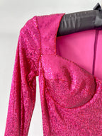 Nadine Merabi Dark Hot Pink Sequinned Feather Hem Sweetheart Neck Mini Dress