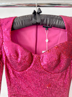 Nadine Merabi Dark Hot Pink Sequinned Feather Hem Sweetheart Neck Mini Dress