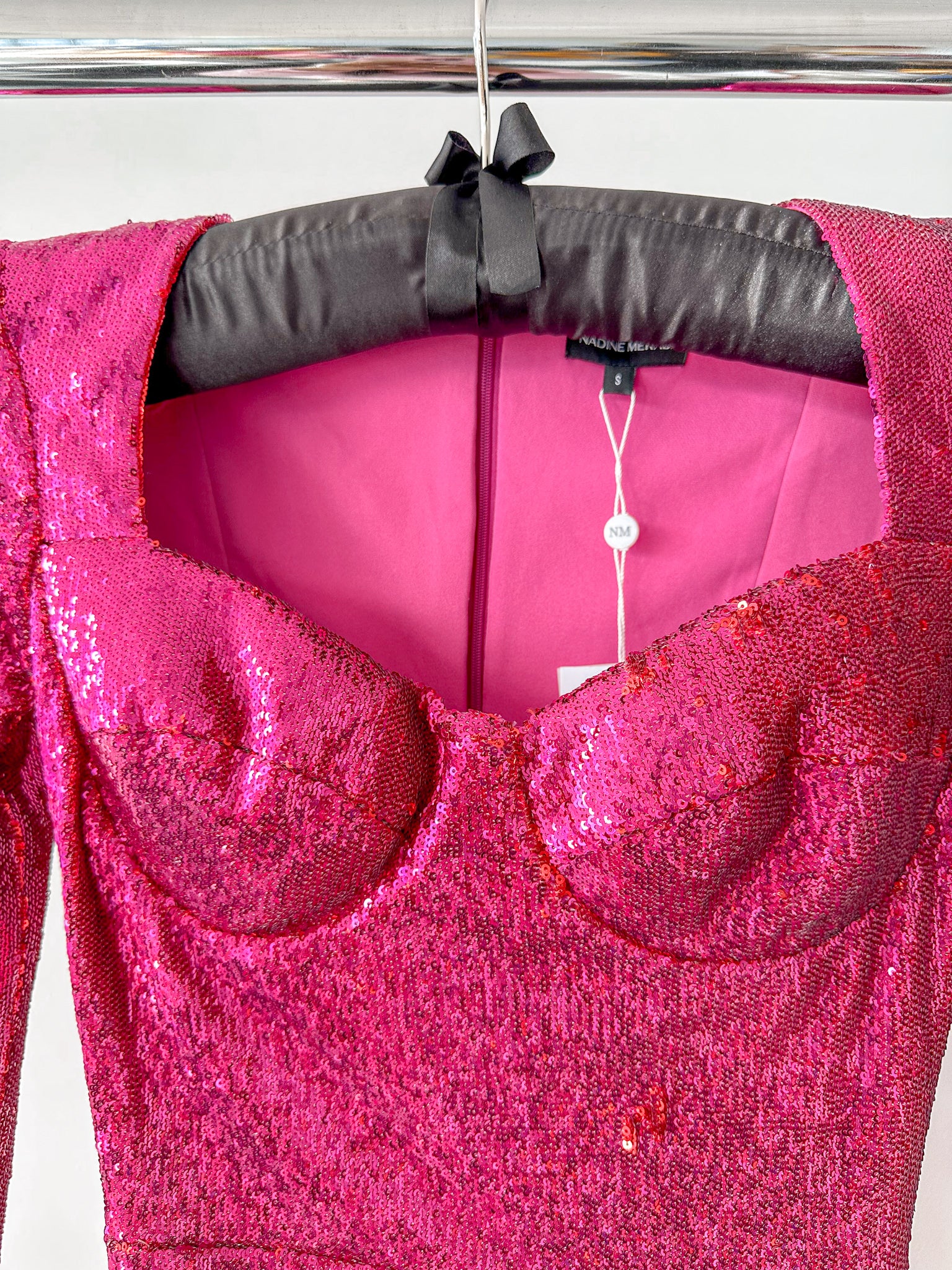 Nadine Merabi Dark Hot Pink Sequinned Feather Hem Sweetheart Neck Mini Dress