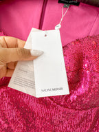 Nadine Merabi Dark Hot Pink Sequinned Feather Hem Sweetheart Neck Mini Dress