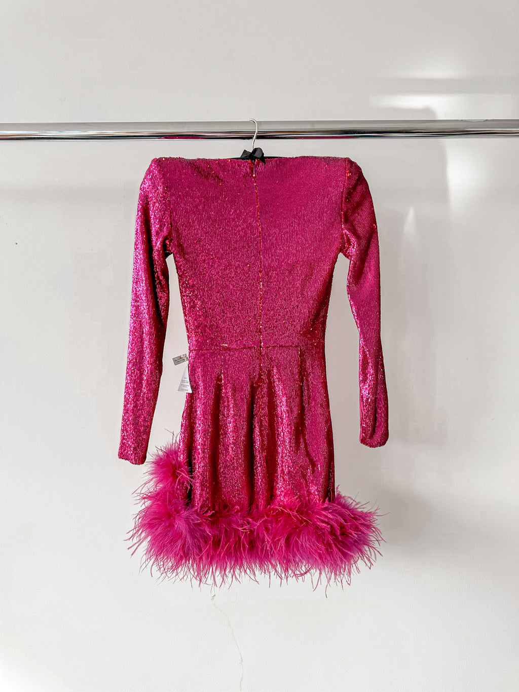 Nadine Merabi Dark Hot Pink Sequinned Feather Hem Sweetheart Neck Mini Dress