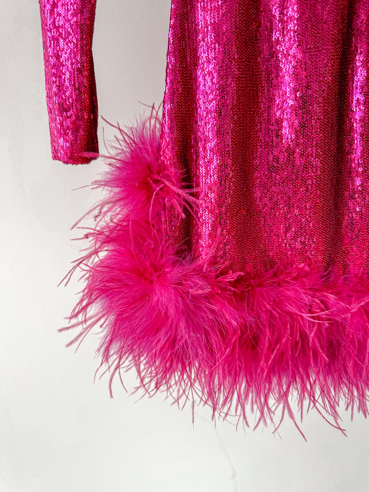 Nadine Merabi Dark Hot Pink Sequinned Feather Hem Sweetheart Neck Mini Dress
