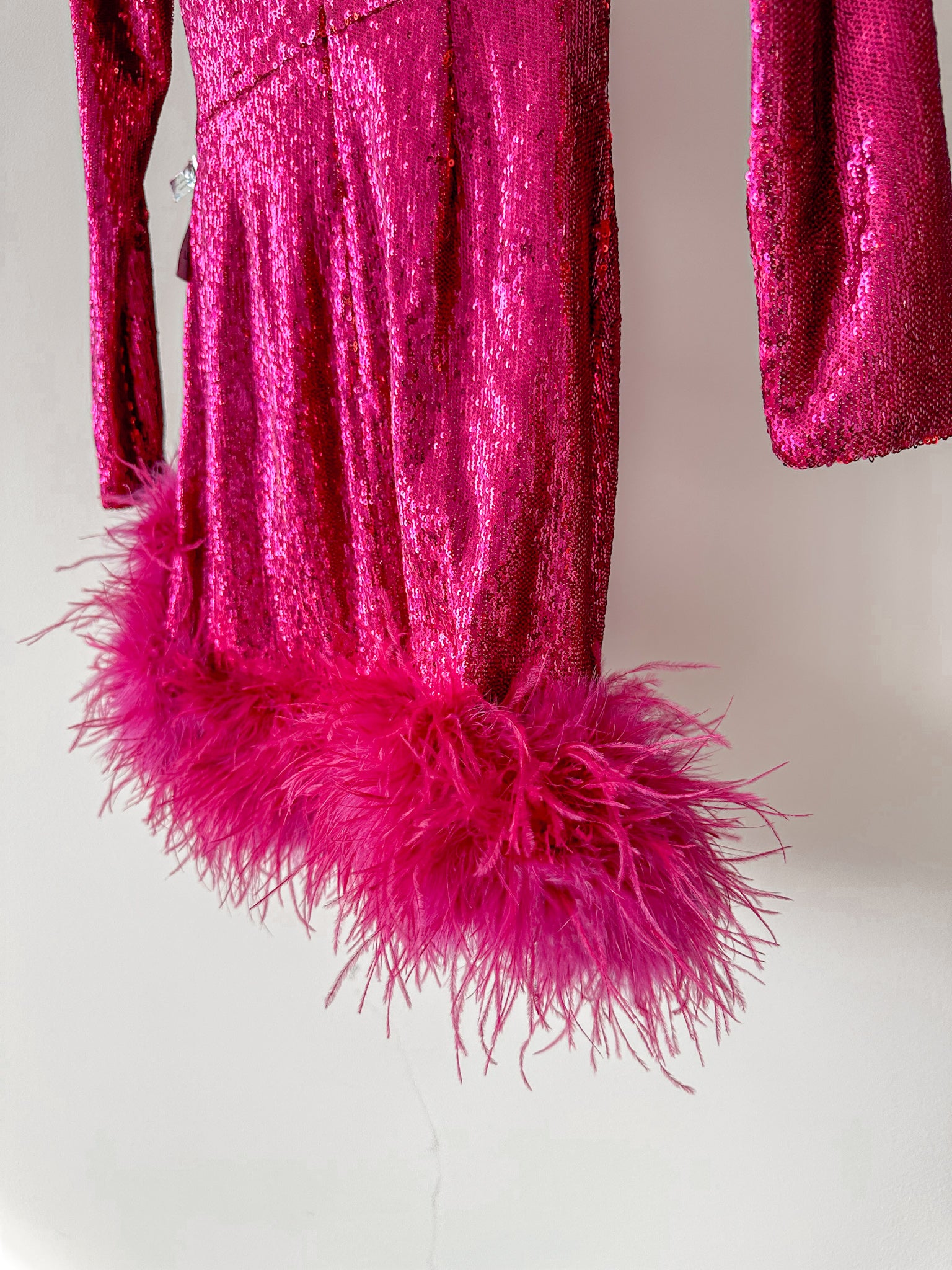 Nadine Merabi Dark Hot Pink Sequinned Feather Hem Sweetheart Neck Mini Dress
