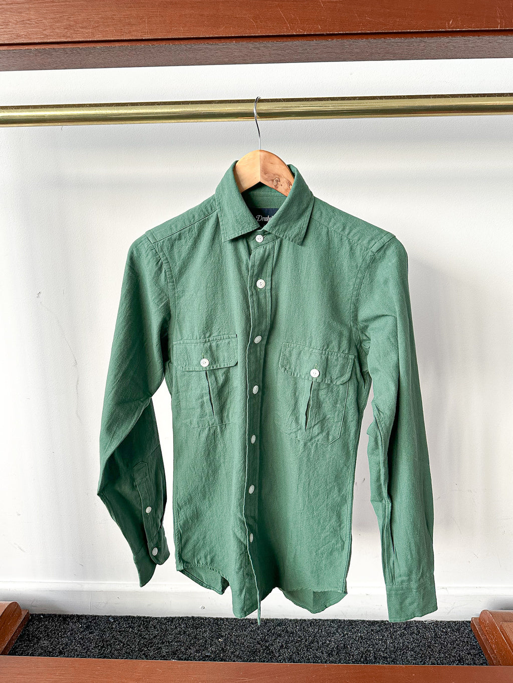Drake's Green Brushed Cotton Work Shirt