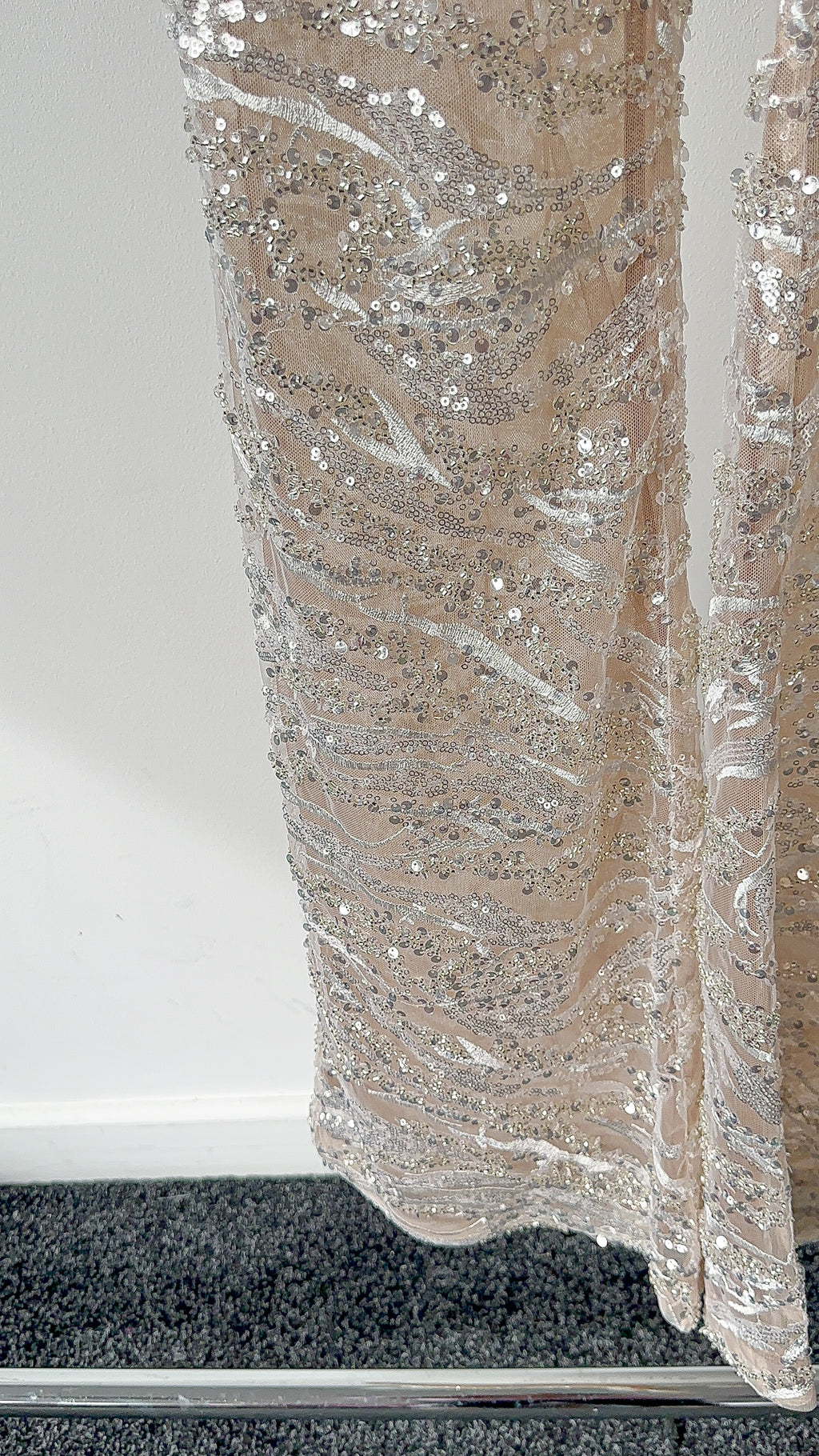 Nadine Merabi Bridal White Tia Embellished Mesh Feather Cuff Trim Jumpsuit