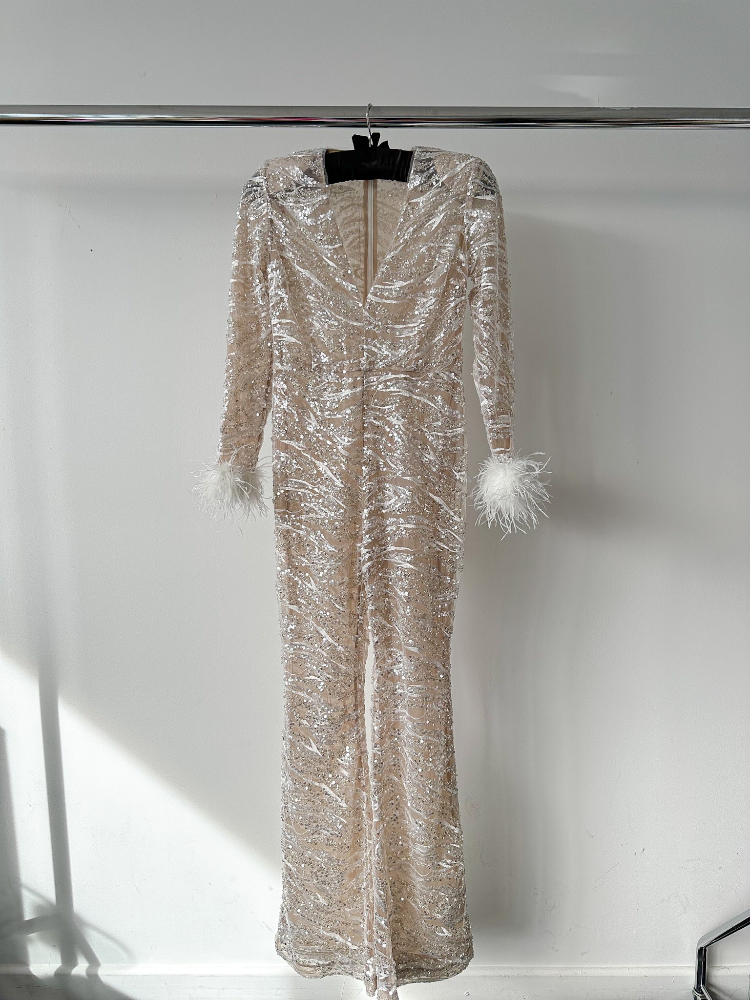 Nadine Merabi Bridal White Tia Embellished Mesh Feather Cuff Trim Jumpsuit