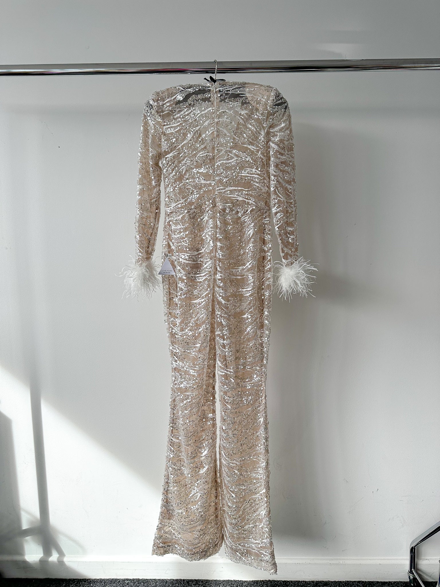Nadine Merabi Bridal White Tia Embellished Mesh Feather Cuff Trim Jumpsuit