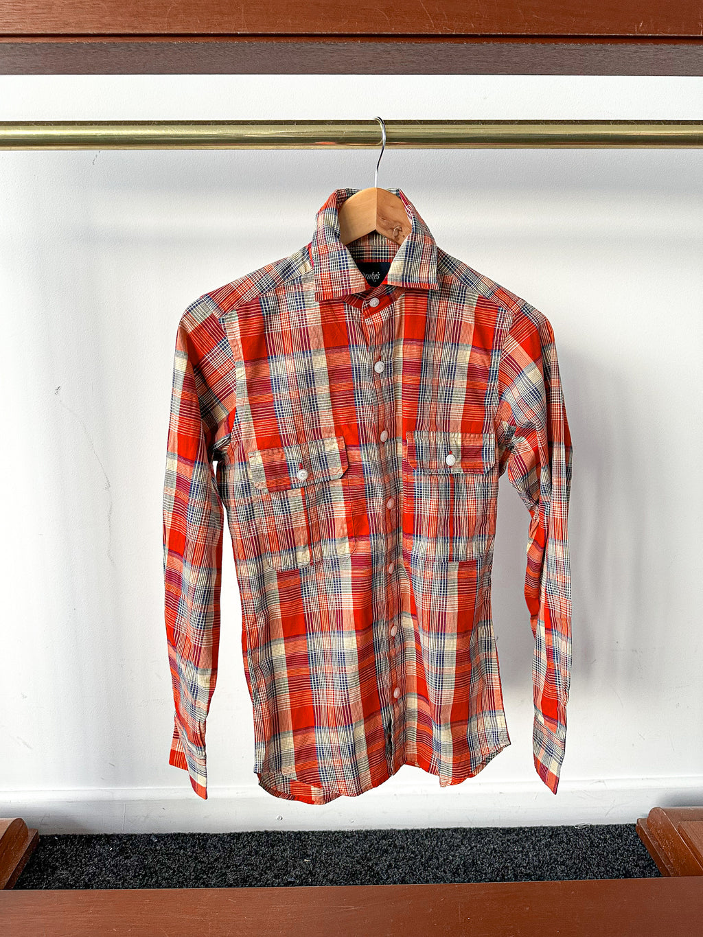 Drake's Red Amber Checked Double Pocket Shirt