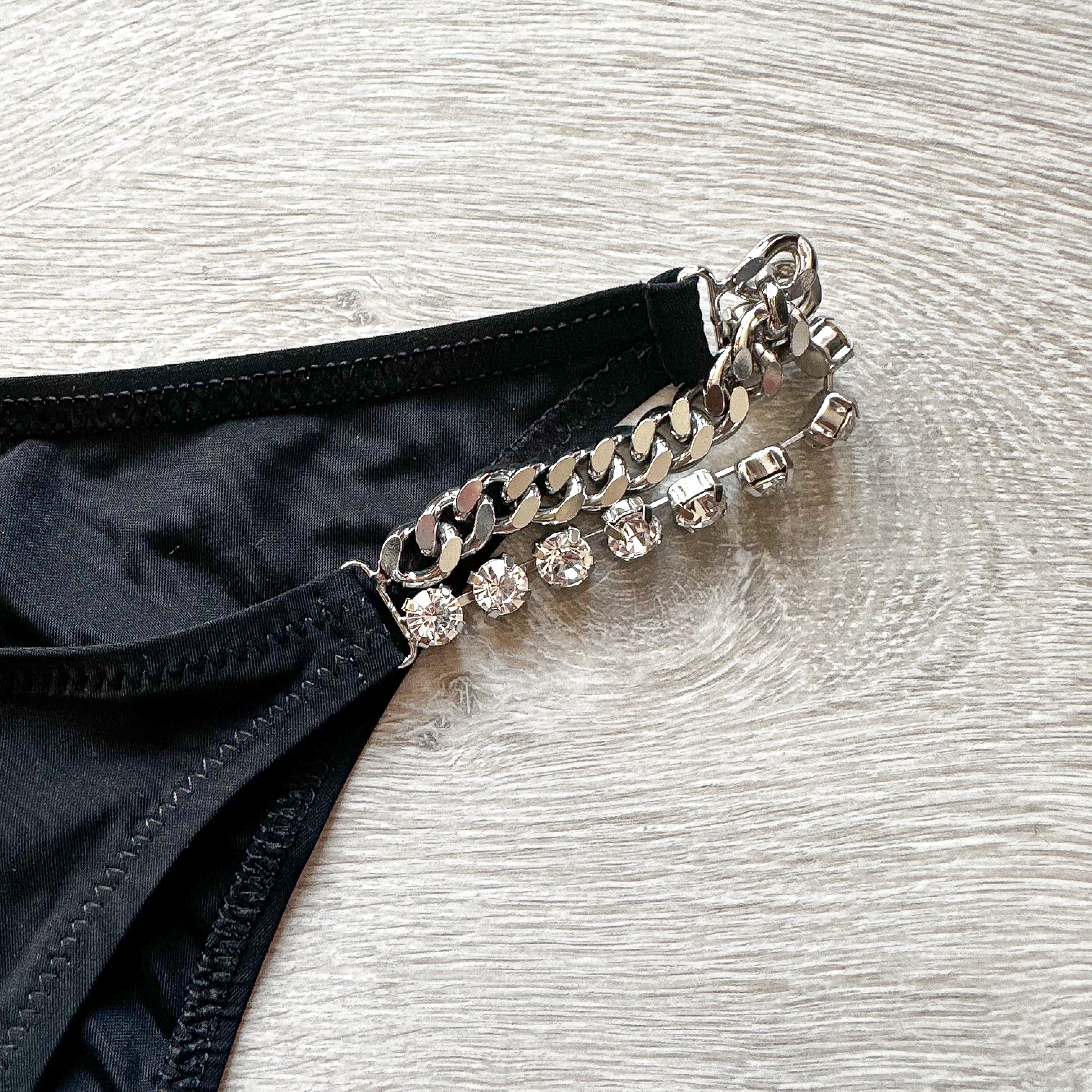 Pain De Sucre Black Crystal Jewel Chain Side Seloua Bikini Bottoms - House Of Huntington