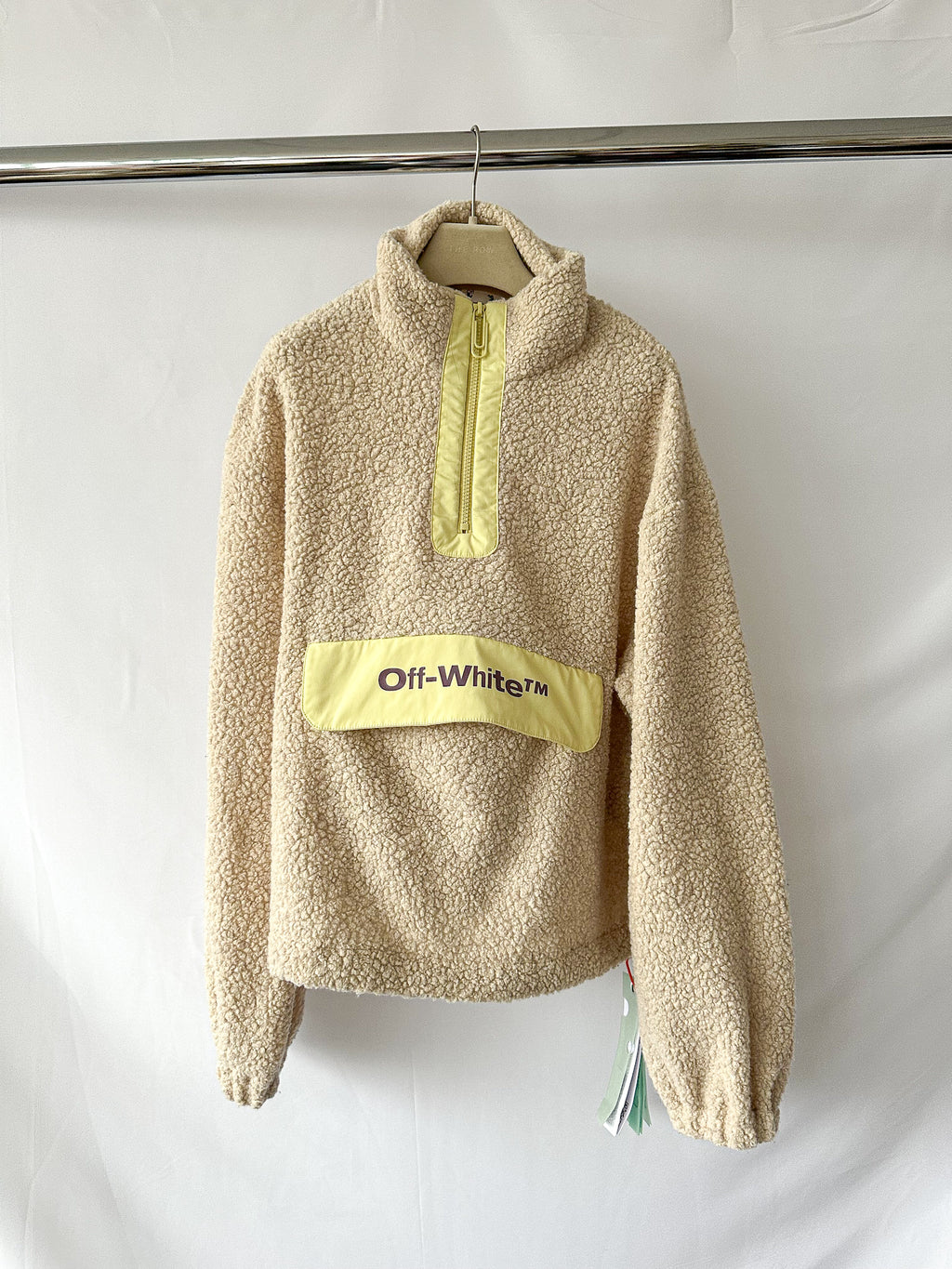 Off-White Logo Spellout Front Beige Teddy Fleece Zip-Up Neck Sweatshirt