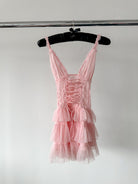 Amy Jane London Pink Iris Lace Coquette Corset Bodice Tiered Ruffle Tulle Hem Mini Dress - House Of Huntington