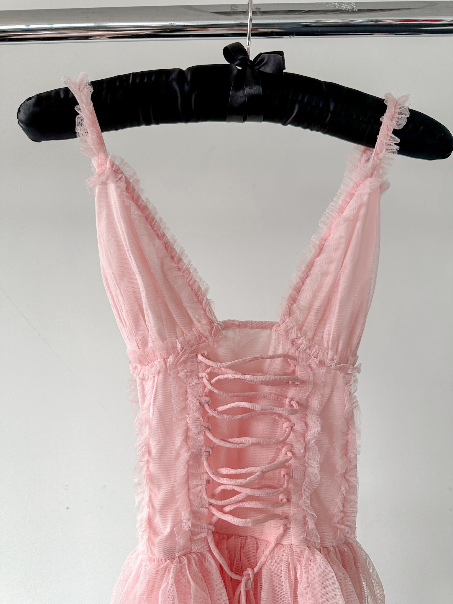 Amy Jane London Pink Iris Lace Coquette Corset Bodice Tiered Ruffle Tulle Hem Mini Dress - House Of Huntington