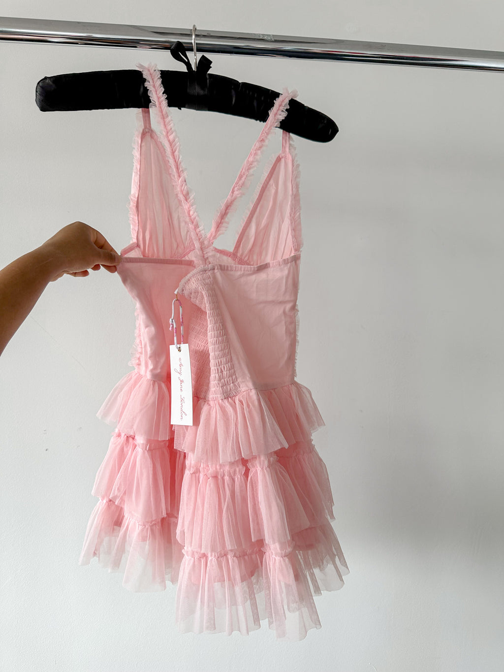 Amy Jane London Pink Iris Lace Coquette Corset Bodice Tiered Ruffle Tulle Hem Mini Dress - House Of Huntington