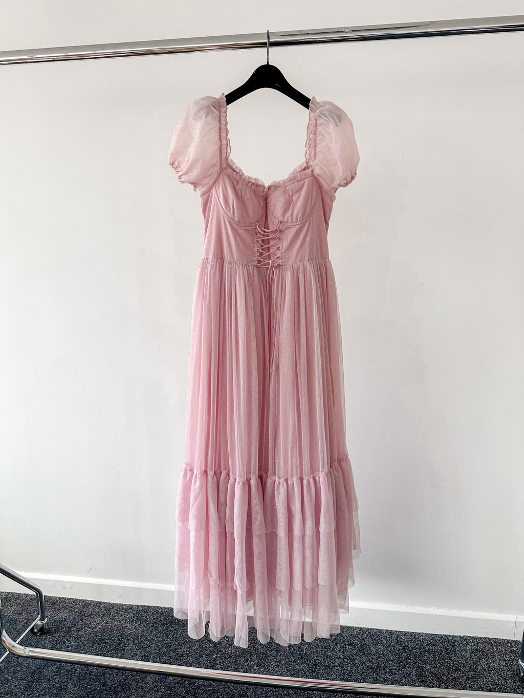 Amy Jane London Pink Tiffany Corset Bodice Sparkly Tulle Puff Sleeve Sweetheart Neck Maxi Gown - House Of Huntington