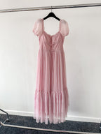 Amy Jane London Pink Tiffany Corset Bodice Sparkly Tulle Puff Sleeve Sweetheart Neck Maxi Gown - House Of Huntington