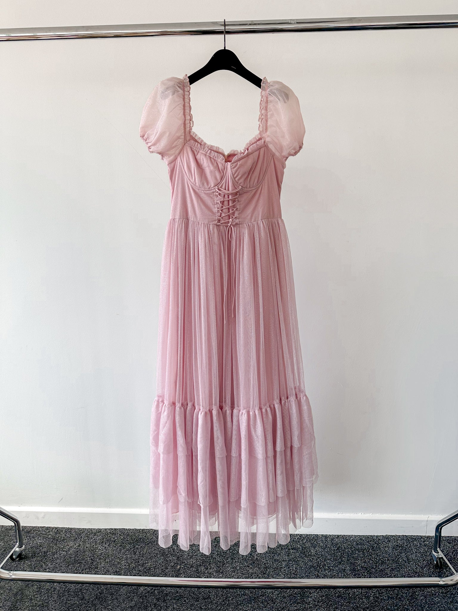 Amy Jane London Pink Tiffany Corset Bodice Sparkly Tulle Puff Sleeve Sweetheart Neck Maxi Gown - House Of Huntington