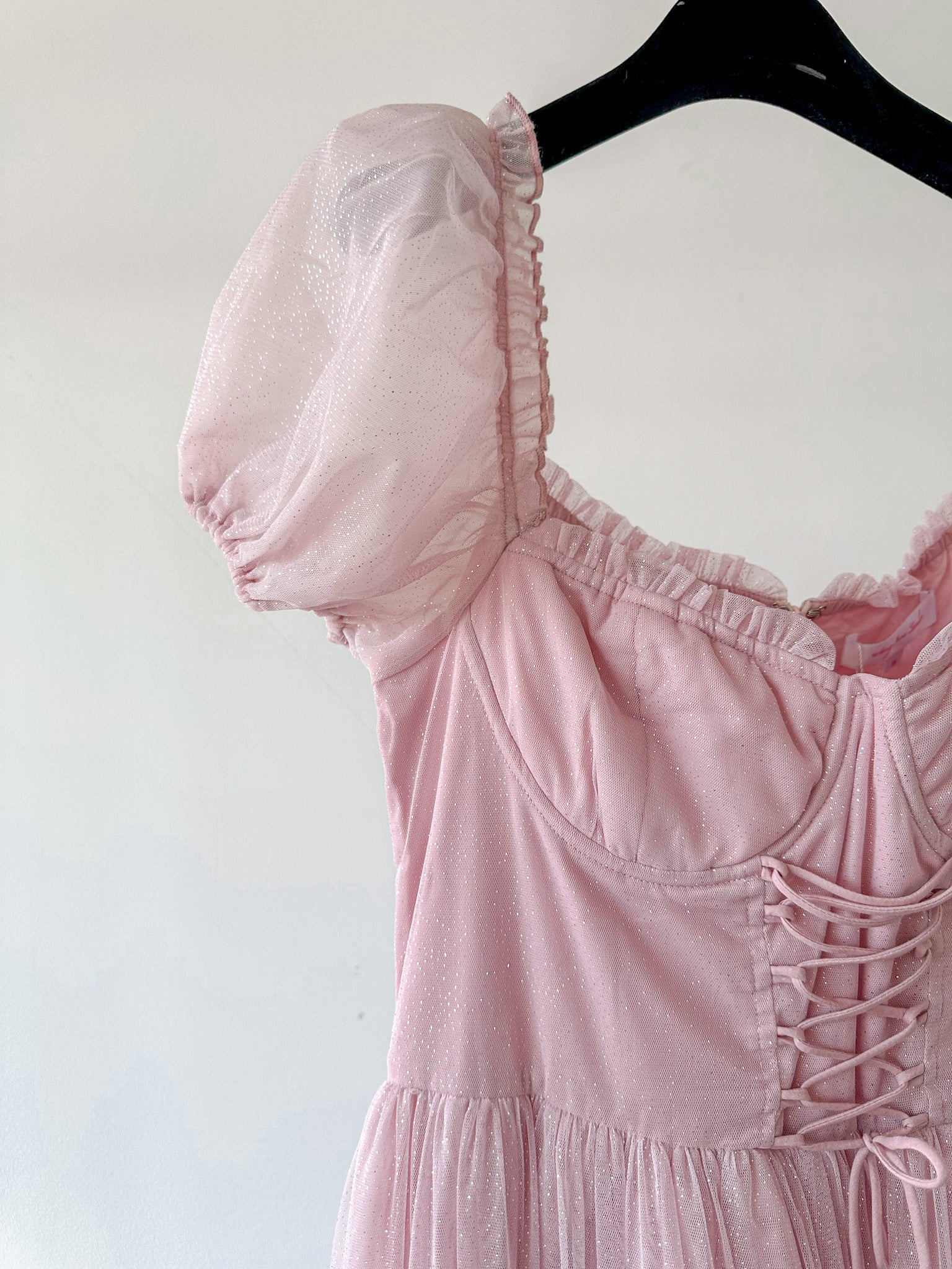 Amy Jane London Pink Tiffany Corset Bodice Sparkly Tulle Puff Sleeve Sweetheart Neck Maxi Gown - House Of Huntington