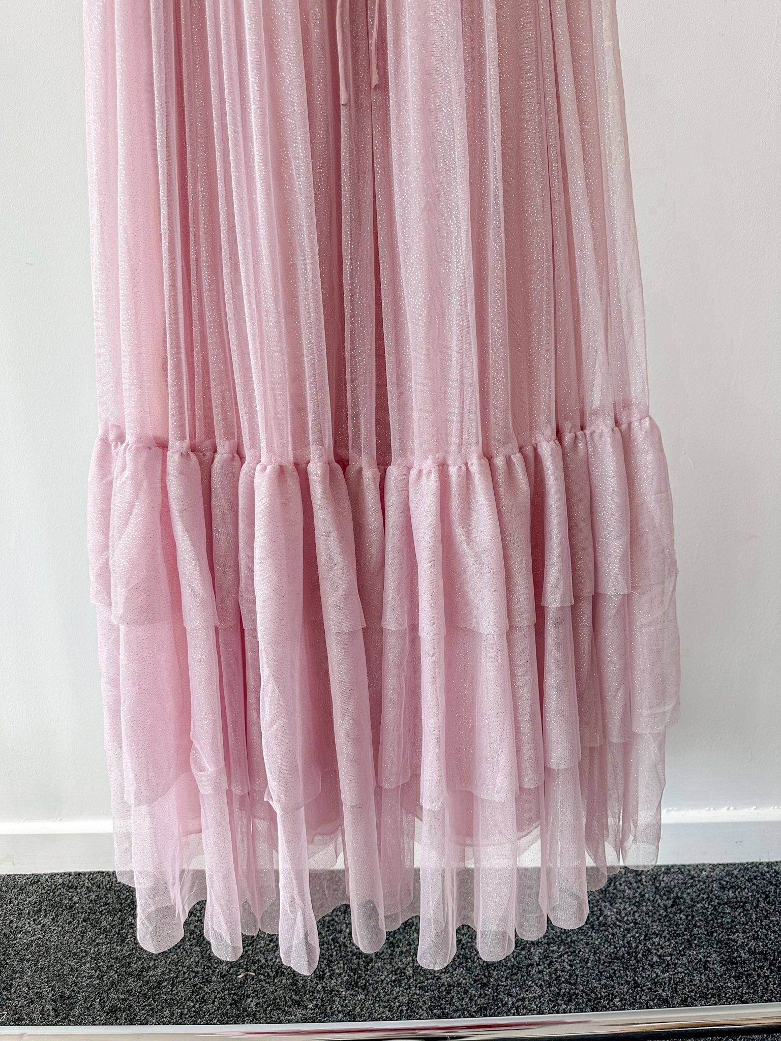 Amy Jane London Pink Tiffany Corset Bodice Sparkly Tulle Puff Sleeve Sweetheart Neck Maxi Gown - House Of Huntington
