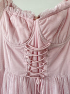 Amy Jane London Pink Tiffany Corset Bodice Sparkly Tulle Puff Sleeve Sweetheart Neck Maxi Gown - House Of Huntington