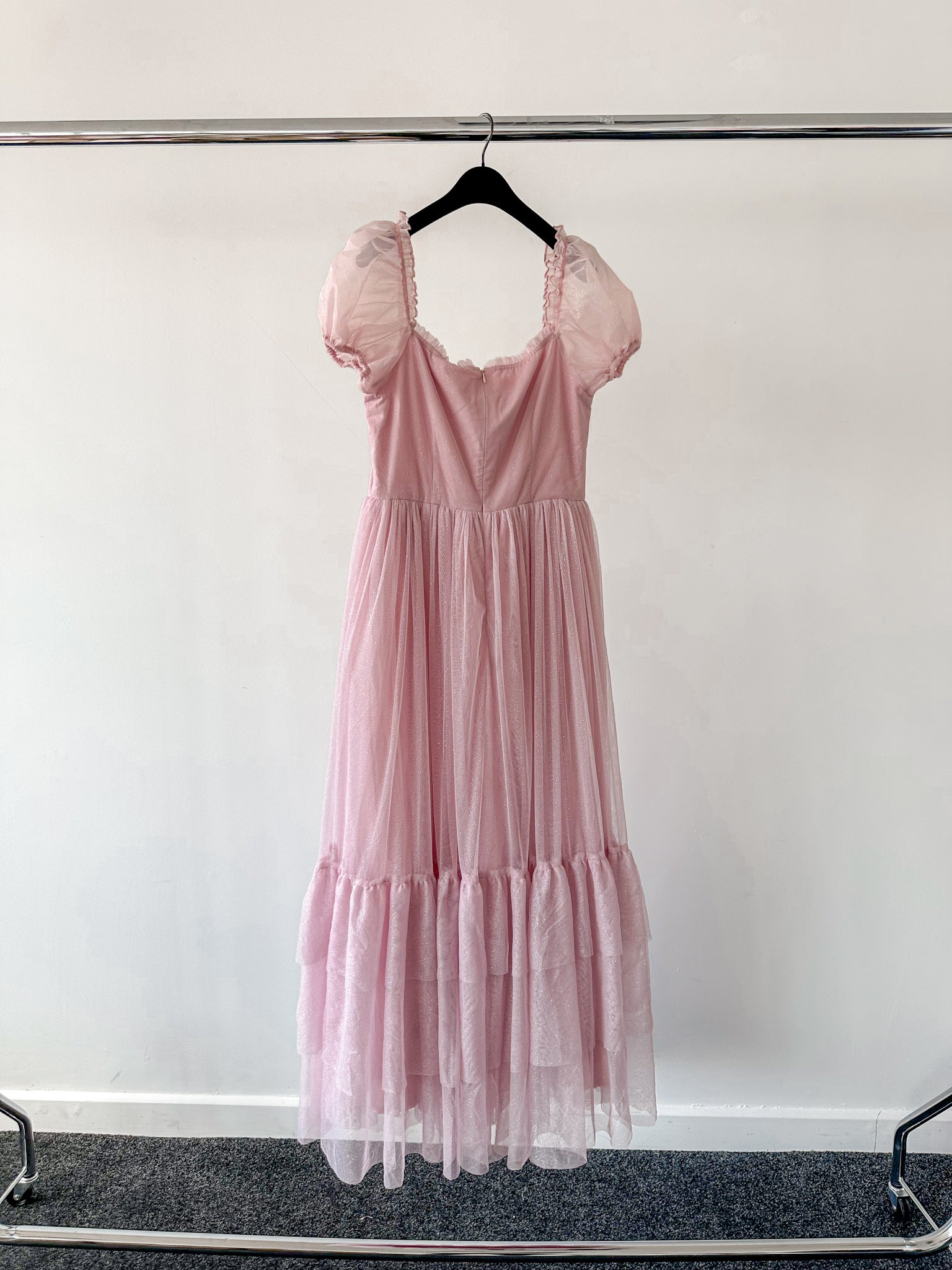 Amy Jane London Pink Tiffany Corset Bodice Sparkly Tulle Puff Sleeve Sweetheart Neck Maxi Gown - House Of Huntington