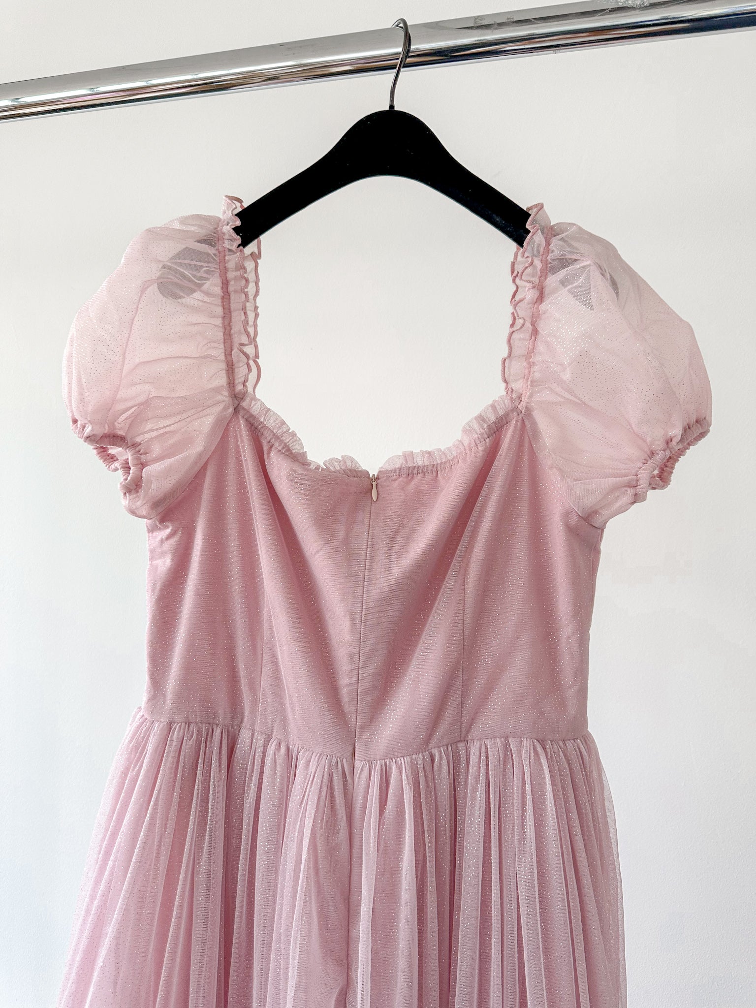 Amy Jane London Pink Tiffany Corset Bodice Sparkly Tulle Puff Sleeve Sweetheart Neck Maxi Gown - House Of Huntington