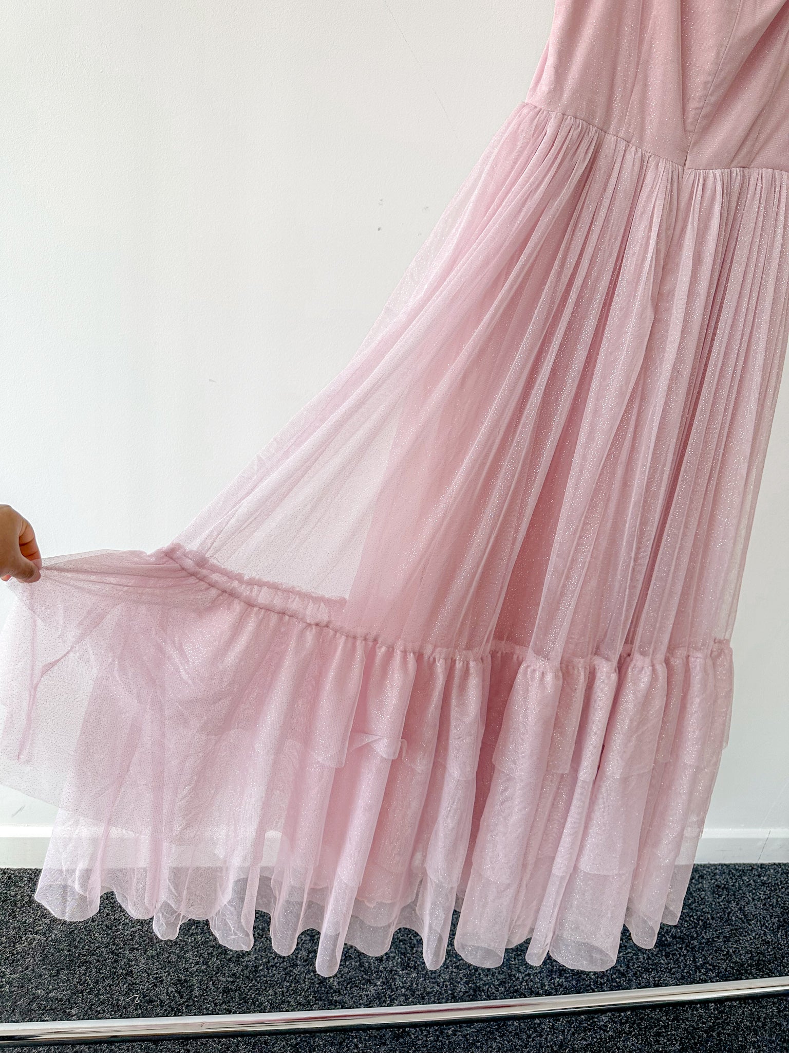 Amy Jane London Pink Tiffany Corset Bodice Sparkly Tulle Puff Sleeve Sweetheart Neck Maxi Gown - House Of Huntington