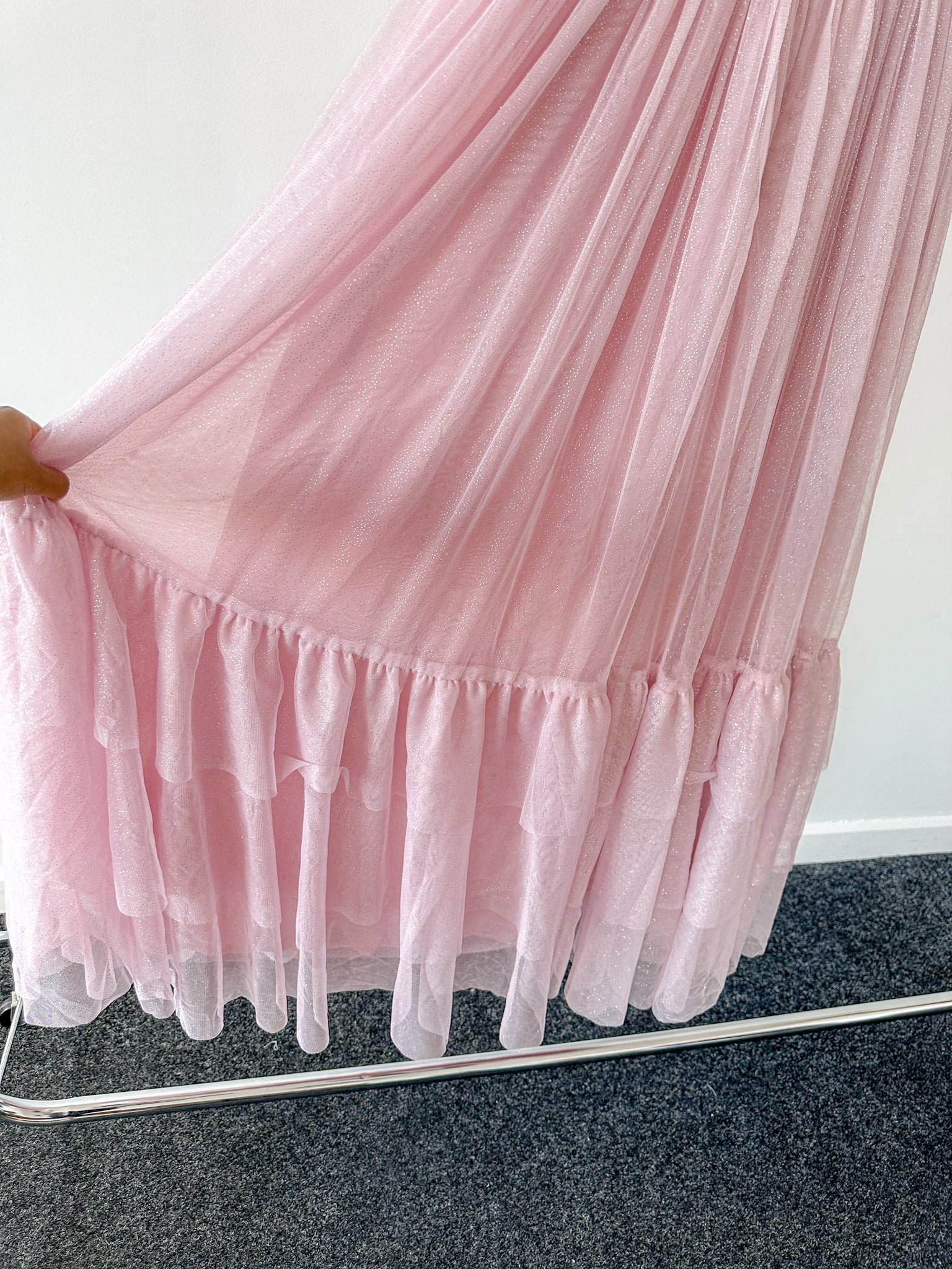 Amy Jane London Pink Tiffany Corset Bodice Sparkly Tulle Puff Sleeve Sweetheart Neck Maxi Gown - House Of Huntington